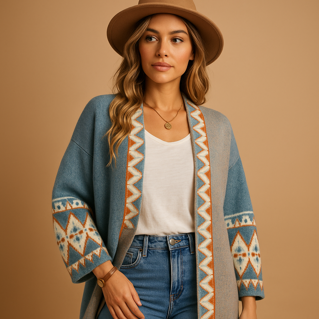 Women’s bohemian jacquard cardigan with relaxed fit and multicolor pattern, perfect for layering over dresses or jeans in casual and creative looks.