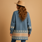 Women’s bohemian jacquard cardigan with relaxed fit and multicolor pattern, perfect for layering over dresses or jeans in casual and creative looks.