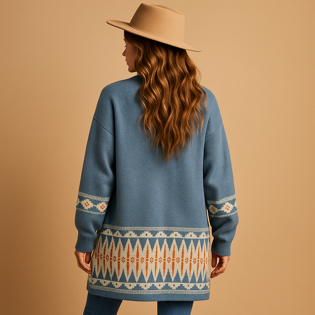 Women’s bohemian jacquard cardigan with relaxed fit and multicolor pattern, perfect for layering over dresses or jeans in casual and creative looks.
