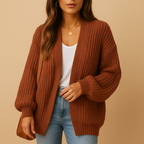Women’s casual open front knitted cardigan with relaxed fit and breathable fabric, perfect for layering in spring, autumn, or winter outfits.