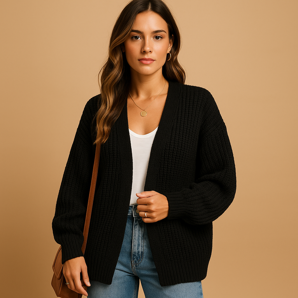 Women’s casual open front knitted cardigan with relaxed fit and breathable fabric, perfect for layering in spring, autumn, or winter outfits.