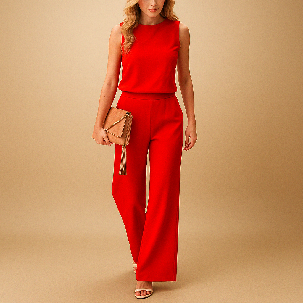 Women’s chic wide leg jumpsuit with round neckline and mid-waist fit, available in multiple colors, perfect for work, evenings, and special occasions.