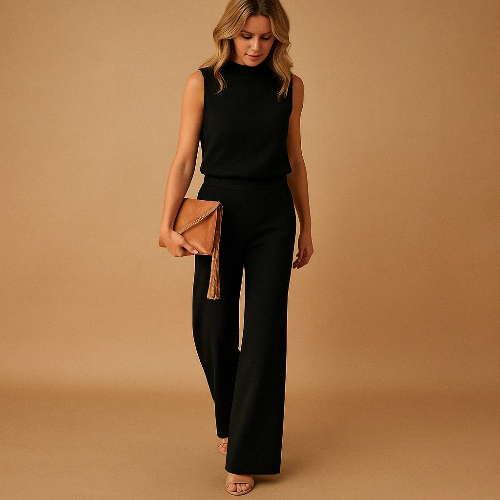 Women’s chic wide leg jumpsuit with round neckline and mid-waist fit, available in multiple colors, perfect for work, evenings, and special occasions.