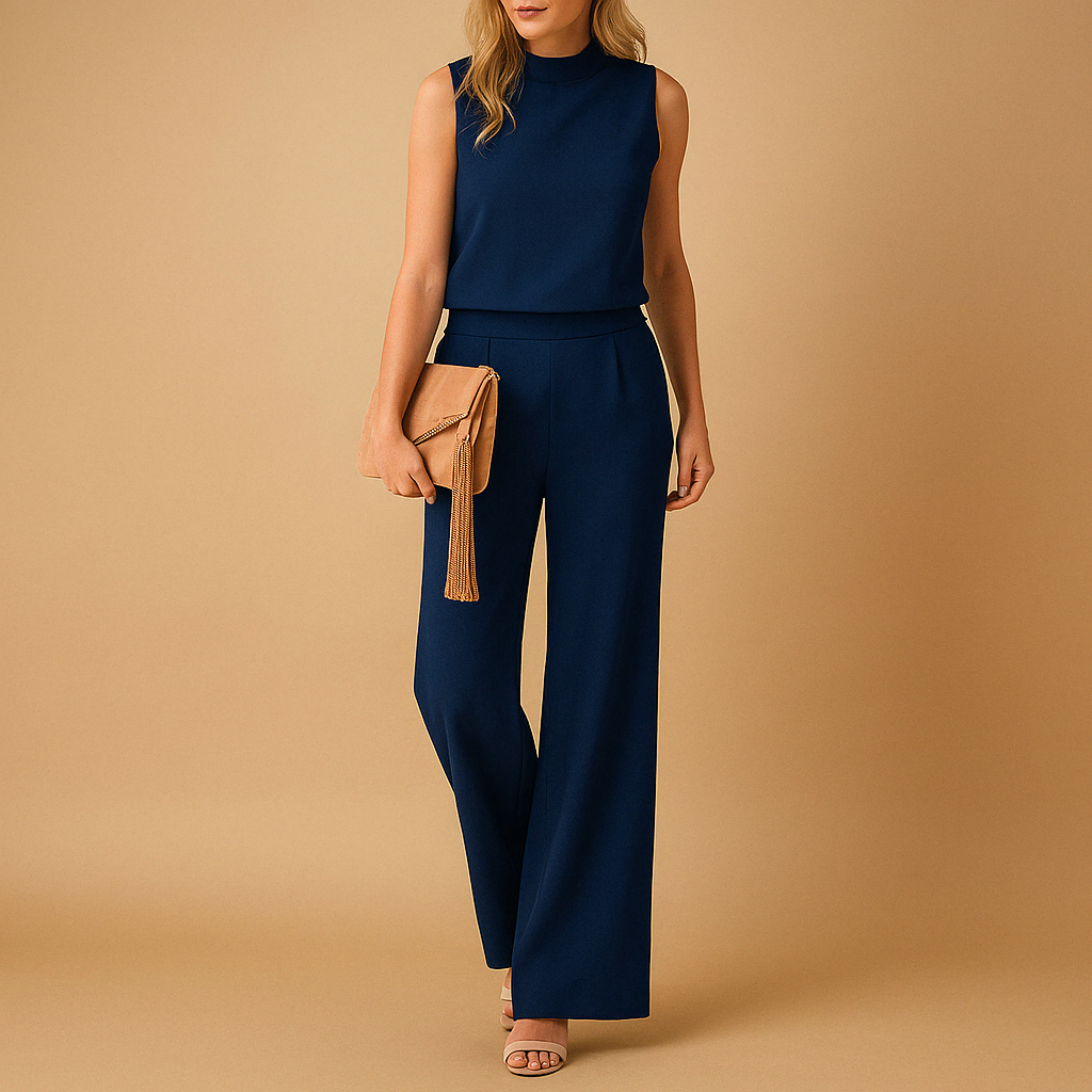 Women’s chic wide leg jumpsuit with round neckline and mid-waist fit, available in multiple colors, perfect for work, evenings, and special occasions.