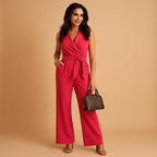Women’s chic wrap jumpsuit with tailored waist and wide-leg silhouette, available in classic colors, perfect for formal and business occasions.