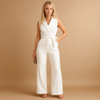 Women’s chic wrap jumpsuit with tailored waist and wide-leg silhouette, available in classic colors, perfect for formal and business occasions.
