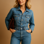Women’s denim jumpsuit with straight-leg fit and long sleeves, perfect for everyday wear and casual stylish looks.
