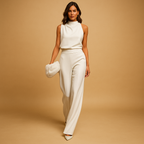 Women’s elegant halter jumpsuit with wide legs, high waist, and decorative bow, perfect for parties, dinners, and festive occasions.