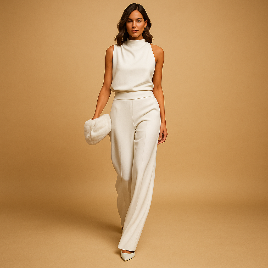 Women’s elegant halter jumpsuit with wide legs, high waist, and decorative bow, perfect for parties, dinners, and festive occasions.