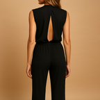 Women’s elegant halter jumpsuit with wide legs, high waist, and decorative bow, perfect for parties, dinners, and festive occasions.