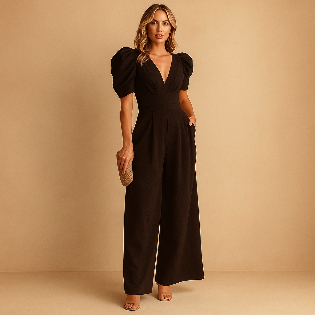 Women’s elegant long jumpsuit with a tailored waist and flowing silhouette, available in multiple colors, perfect for galas, dinners, and formal occasions.