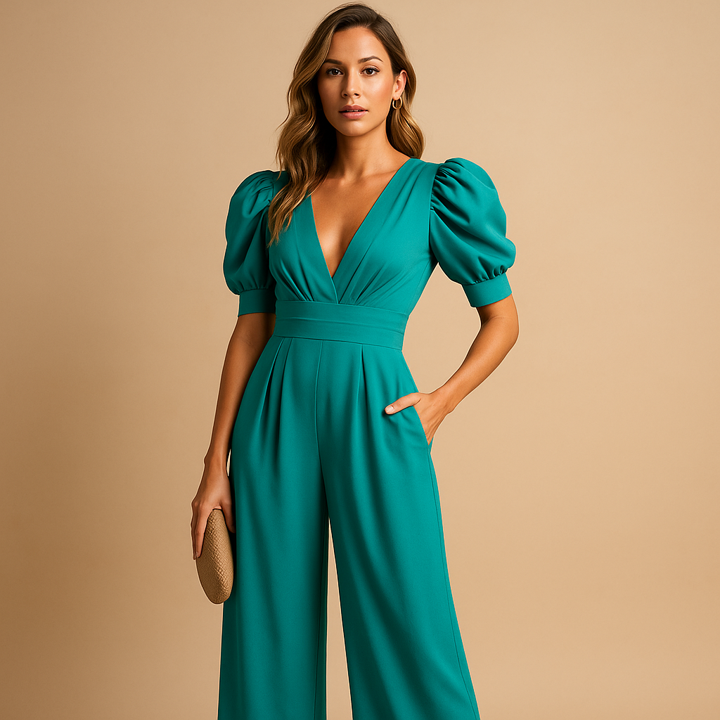 Women’s elegant long jumpsuit with a tailored waist and flowing silhouette, available in multiple colors, perfect for galas, dinners, and formal occasions.