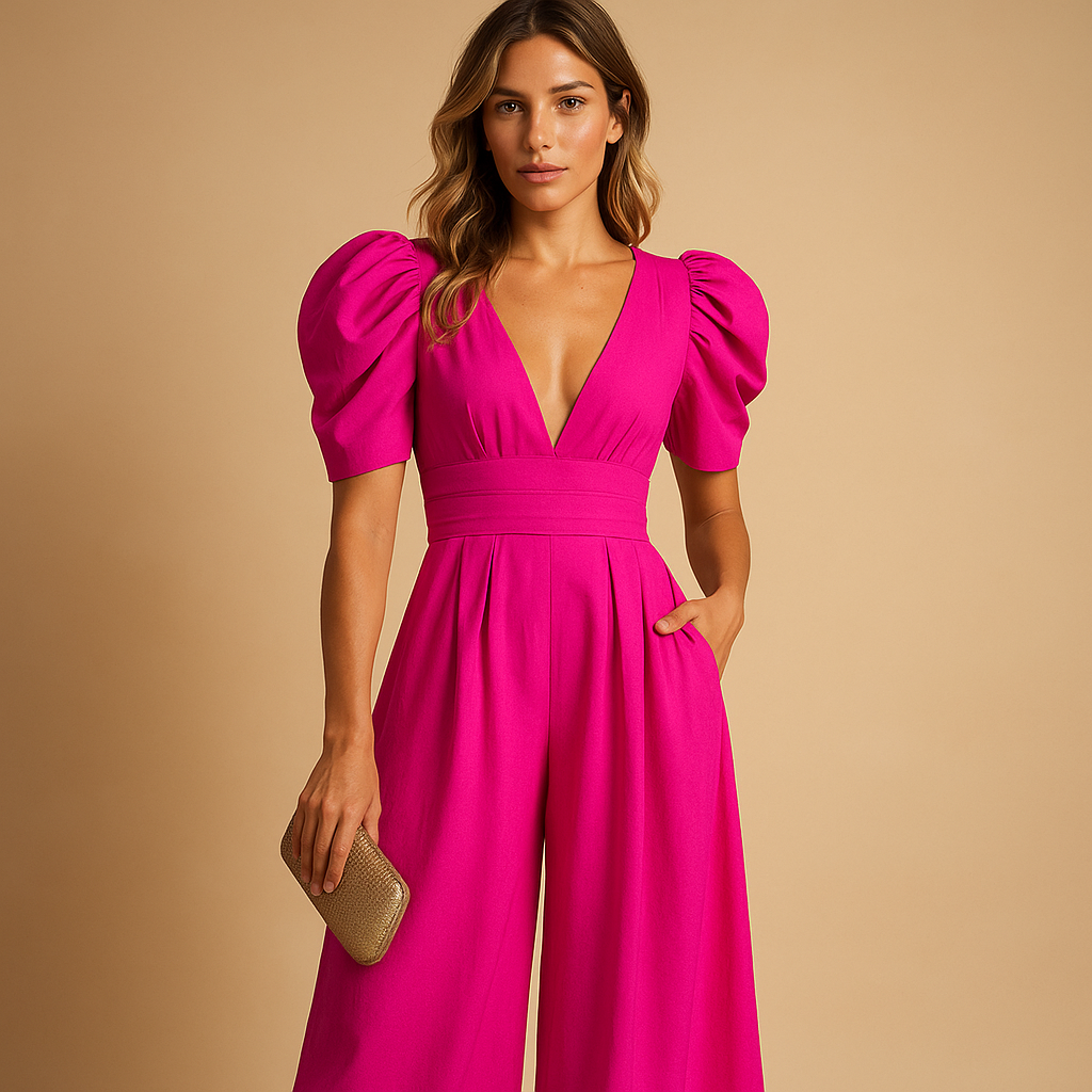 Women’s elegant long jumpsuit with a tailored waist and flowing silhouette, available in multiple colors, perfect for galas, dinners, and formal occasions.