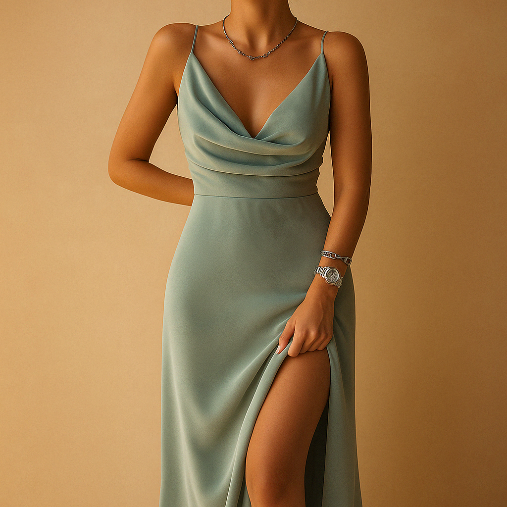 Women’s elegant maxi dress with v-neck, flowing fit, and ankle length, perfect for weddings, galas, and formal occasions.