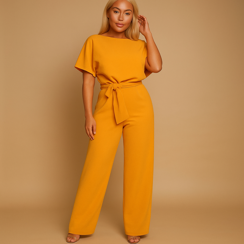 Women’s high waist jumpsuit with lace-up detail and flattering fit, available in multiple colors, perfect for work, evenings, and chic occasions.