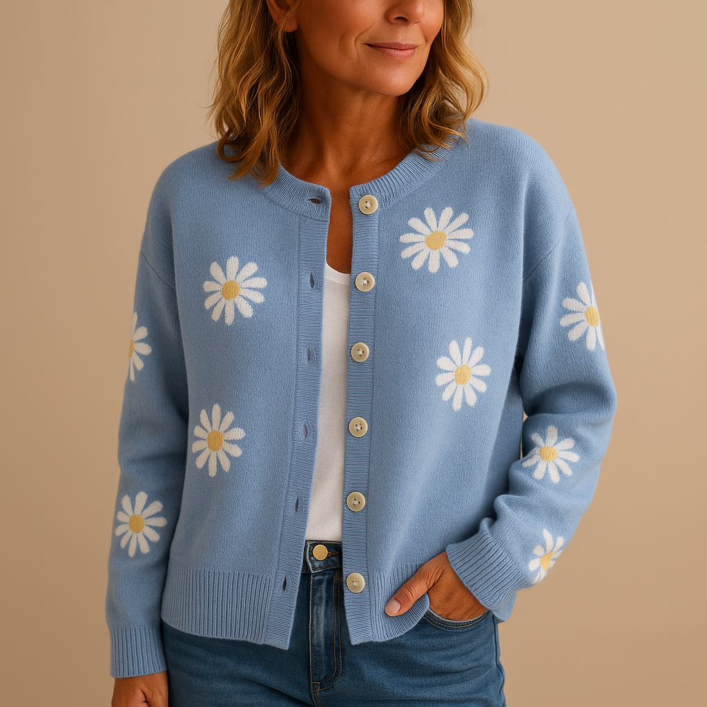 Women’s knitted cardigan with button closure and elegant floral pattern, designed for autumn and winter layering in casual or refined outfits.