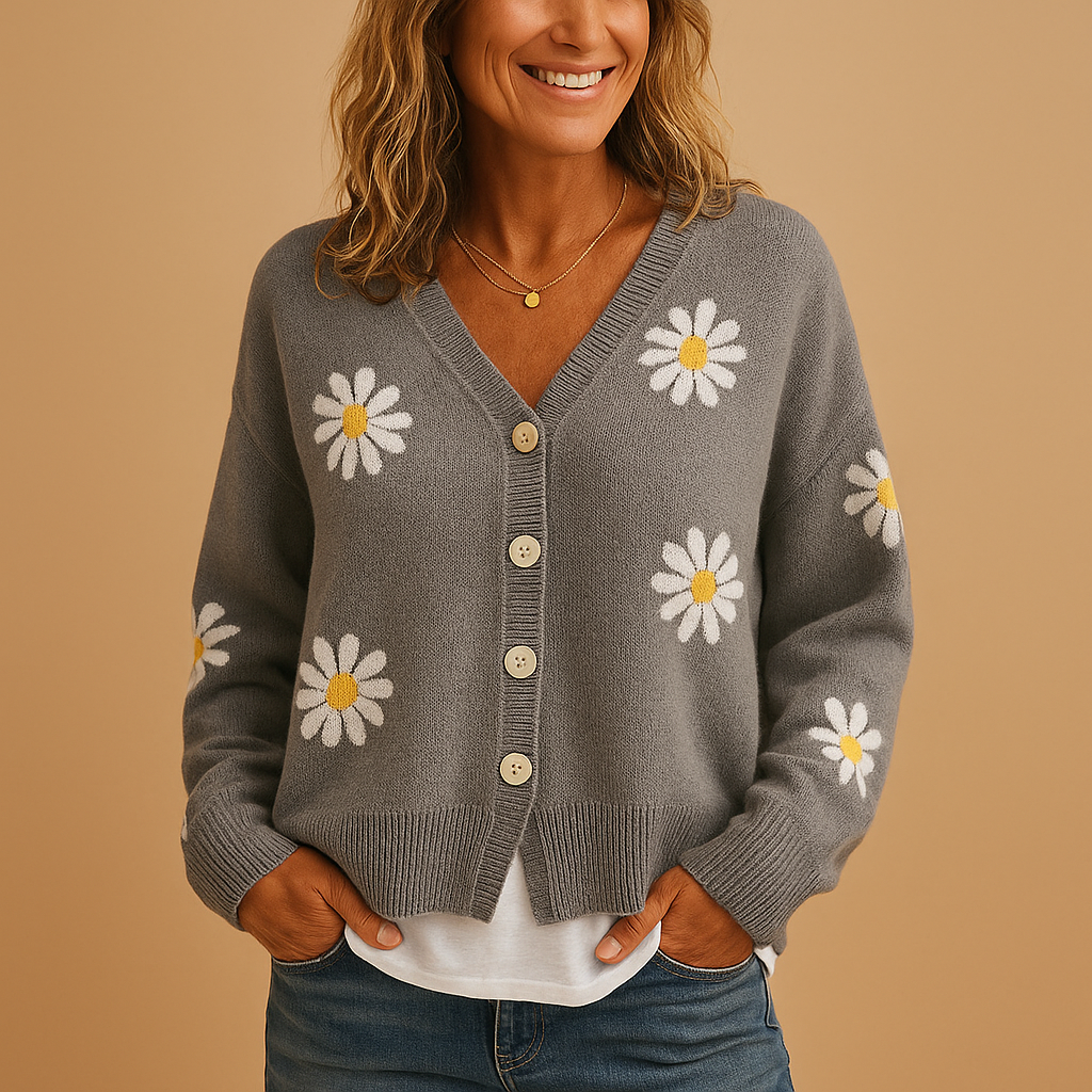 Women’s knitted cardigan with button closure and elegant floral pattern, designed for autumn and winter layering in casual or refined outfits.