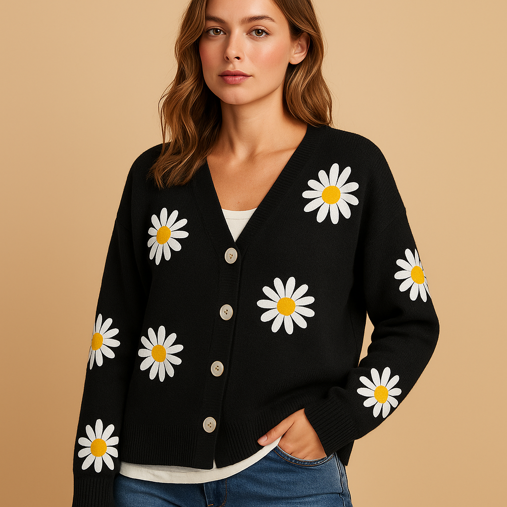 Women’s knitted cardigan with button closure and elegant floral pattern, designed for autumn and winter layering in casual or refined outfits.