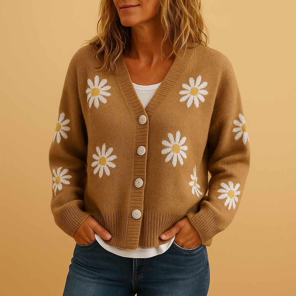 Women’s knitted cardigan with button closure and elegant floral pattern, designed for autumn and winter layering in casual or refined outfits.