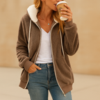 Women’s long fleece cardigan with hood in a relaxed fit, perfect for autumn and winter layering or cozy lounging at home.