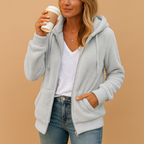 Women’s long fleece cardigan with hood in a relaxed fit, perfect for autumn and winter layering or cozy lounging at home.