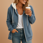 Women’s long fleece cardigan with hood in a relaxed fit, perfect for autumn and winter layering or cozy lounging at home.