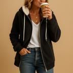 Women’s long fleece cardigan with hood in a relaxed fit, perfect for autumn and winter layering or cozy lounging at home.