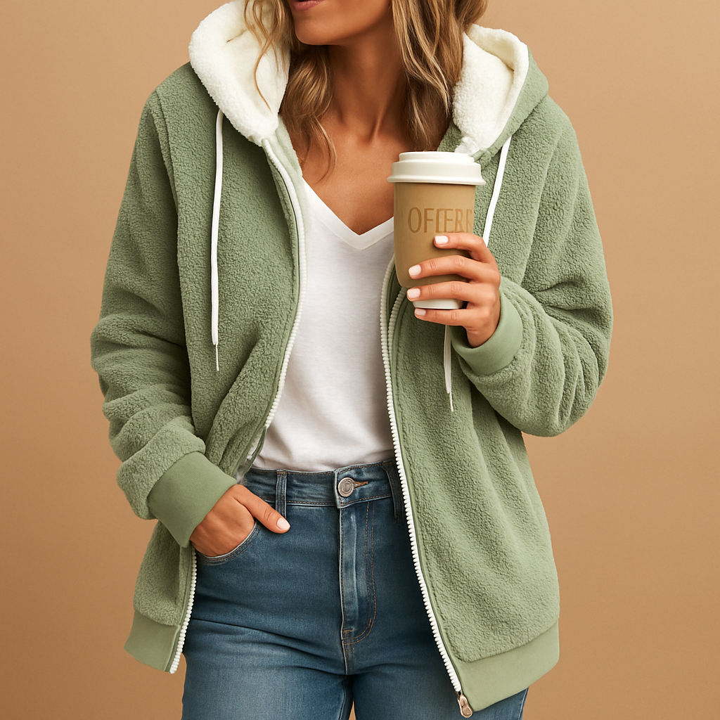 Women’s long fleece cardigan with hood in a relaxed fit, perfect for autumn and winter layering or cozy lounging at home.