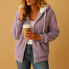 Women’s long fleece cardigan with hood in a relaxed fit, perfect for autumn and winter layering or cozy lounging at home.