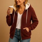 Women’s long fleece cardigan with hood in a relaxed fit, perfect for autumn and winter layering or cozy lounging at home.