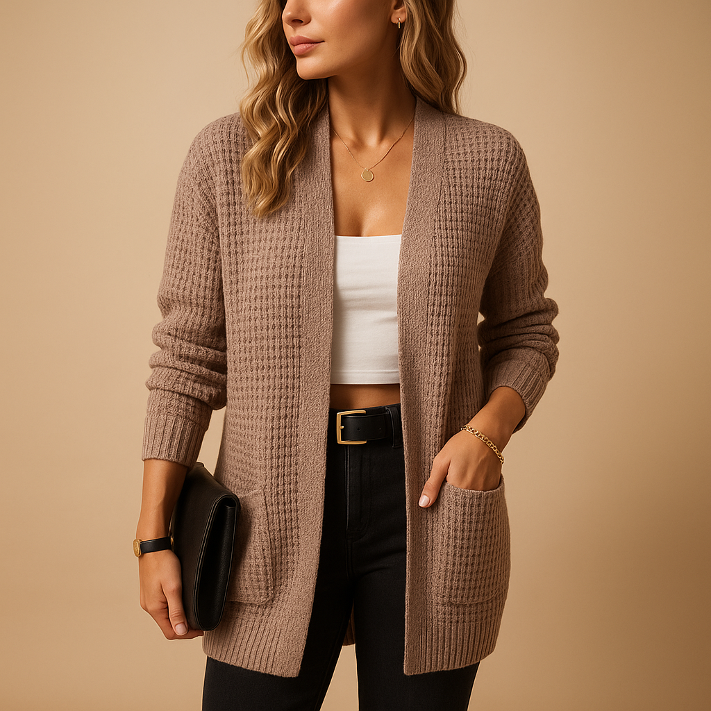 Women’s long V-neck cardigan with relaxed fit, solid colors, and practical pockets. Perfect for layering in casual, office, or lounge looks.