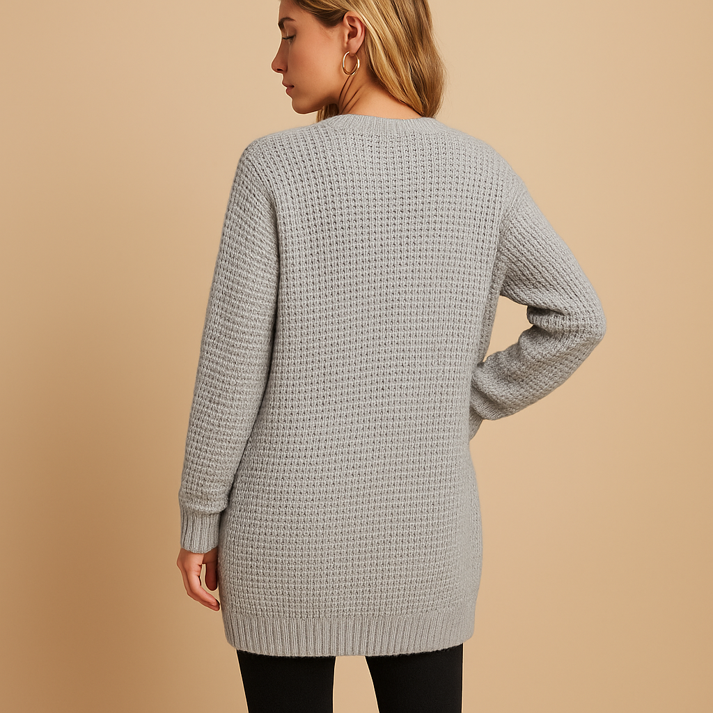 Women’s long V-neck cardigan with relaxed fit, solid colors, and practical pockets. Perfect for layering in casual, office, or lounge looks.