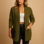 Women’s long V-neck cardigan with relaxed fit, solid colors, and practical pockets. Perfect for layering in casual, office, or lounge looks.
