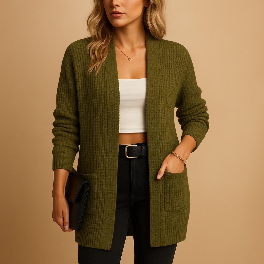 Women’s long V-neck cardigan with relaxed fit, solid colors, and practical pockets. Perfect for layering in casual, office, or lounge looks.