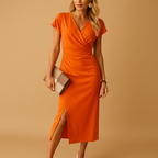 Elegant women’s midi dress with V-neckline and subtle front slit. Perfect for daily wear, festive occasions, and chic evening outfits.
