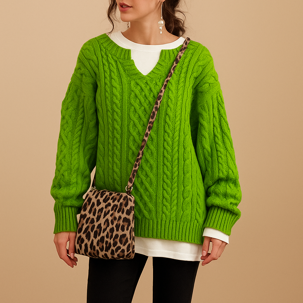 Women’s oversized chunky knit sweater with dropped shoulders, long sleeves, and breathable fabric. Perfect for winter days, layering, or casual outfits.
