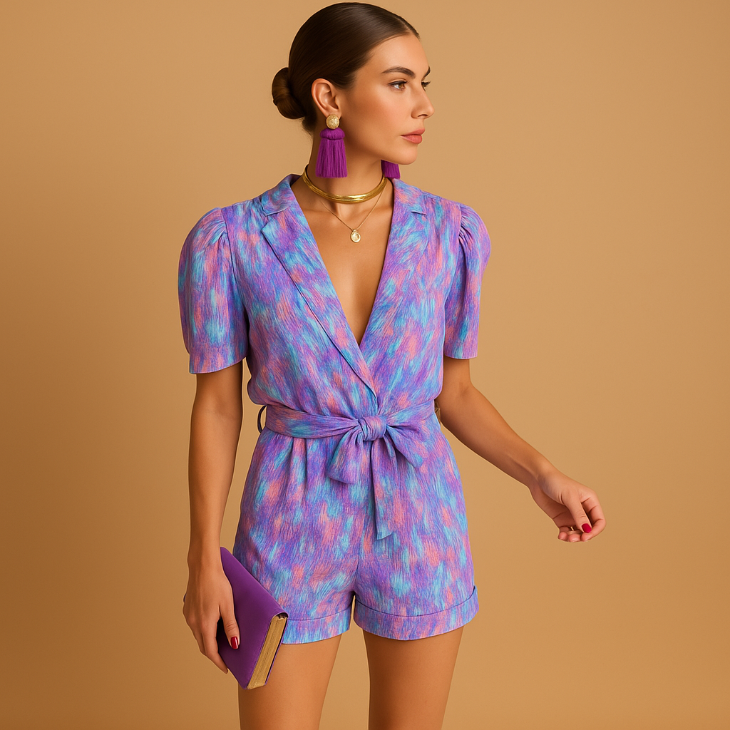 Women’s printed short jumpsuit with a flattering waist belt and vibrant design, perfect for summer days, casual outings, and evenings out.