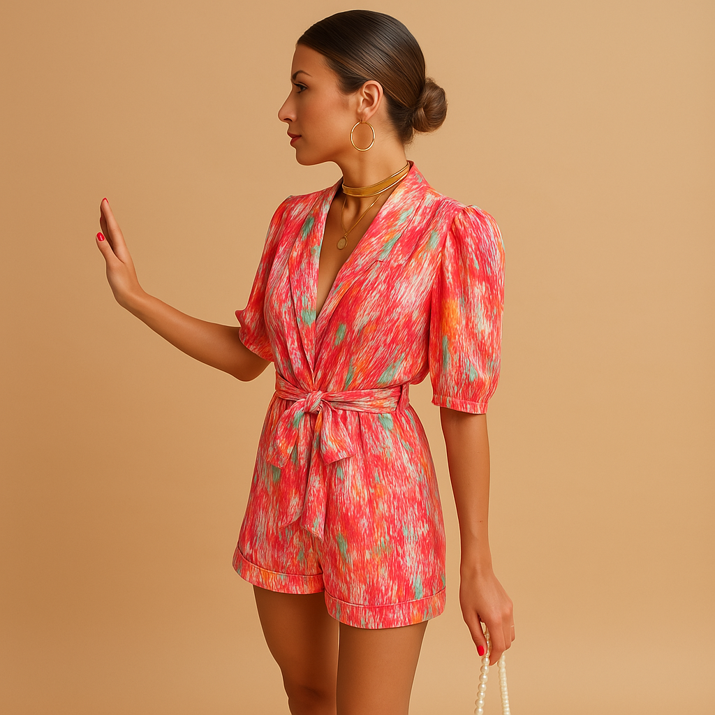 Women’s printed short jumpsuit with a flattering waist belt and vibrant design, perfect for summer days, casual outings, and evenings out.