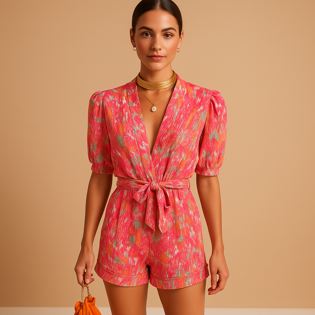 Women’s printed short jumpsuit with a flattering waist belt and vibrant design, perfect for summer days, casual outings, and evenings out.