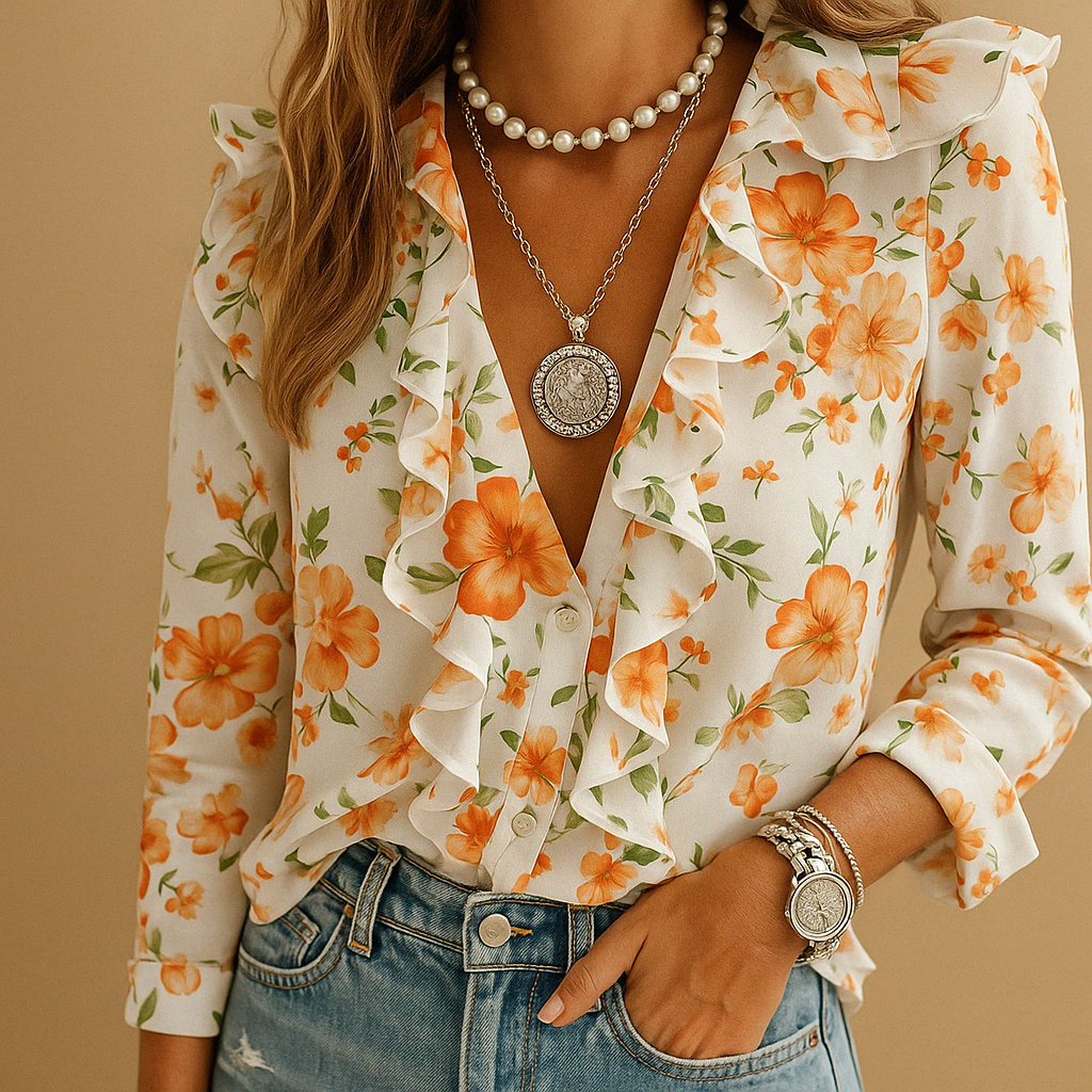 Ruffle blouse with butterfly print for women | Amelia