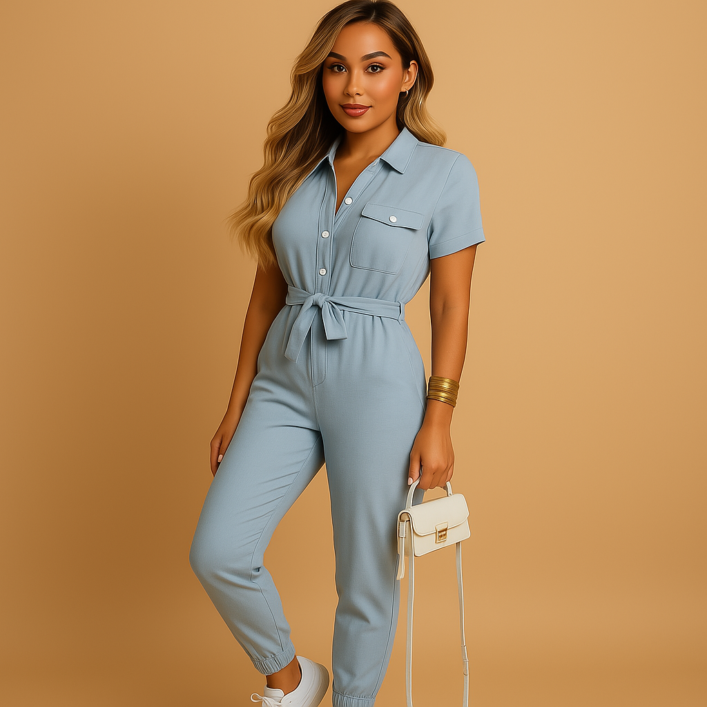 Women’s tailored jumpsuit with button closure and flattering slim fit, perfect for work, brunch, or evening occasions.