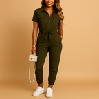 Women’s tailored jumpsuit with button closure and flattering slim fit, perfect for work, brunch, or evening occasions.