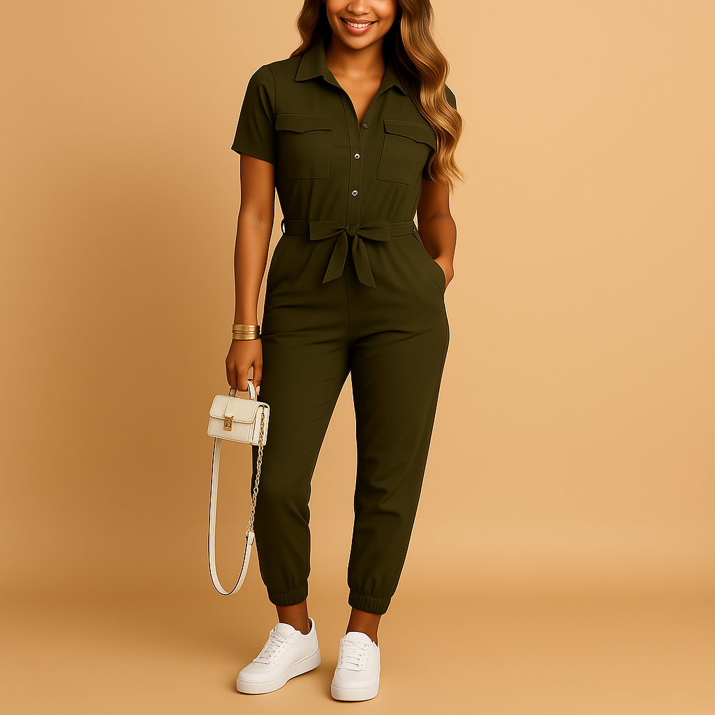 Women’s tailored jumpsuit with button closure and flattering slim fit, perfect for work, brunch, or evening occasions.