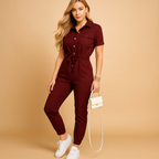 Women’s tailored jumpsuit with button closure and flattering slim fit, perfect for work, brunch, or evening occasions.