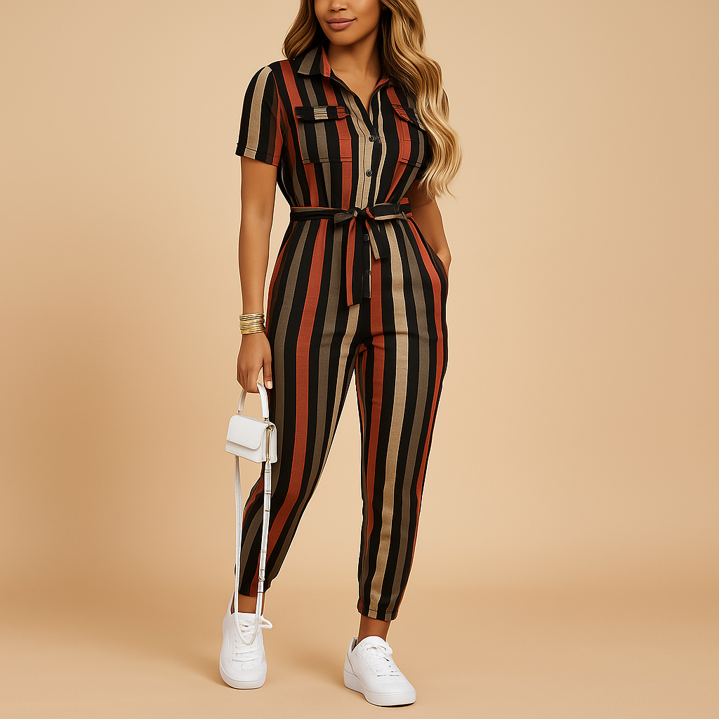Women’s tailored jumpsuit with button closure and flattering slim fit, perfect for work, brunch, or evening occasions.