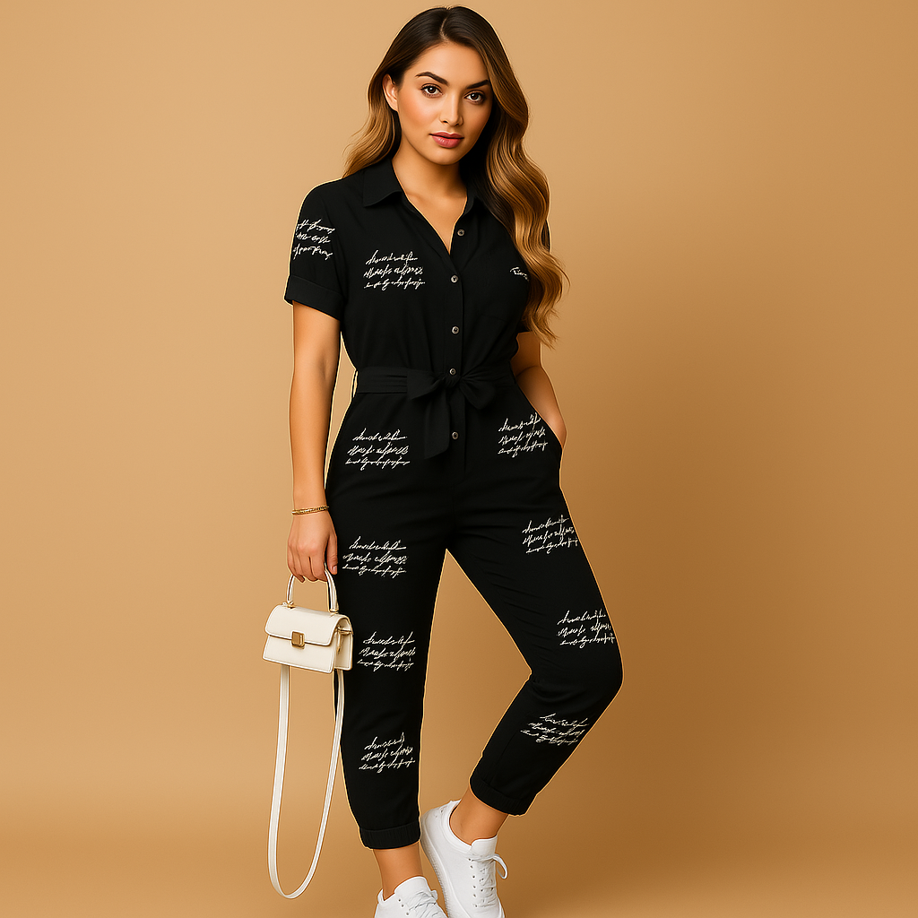 Women’s tailored jumpsuit with button closure and flattering slim fit, perfect for work, brunch, or evening occasions.