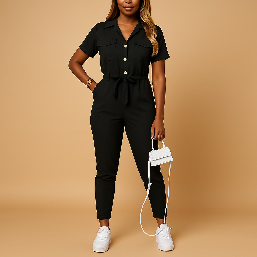 Women’s tailored jumpsuit with button closure and flattering slim fit, perfect for work, brunch, or evening occasions.
