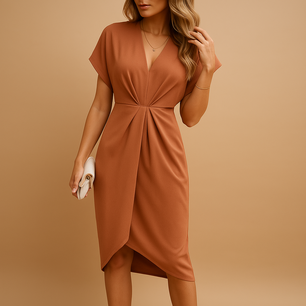 Women’s timeless wrap midi dress with elegant design, flattering fit, and versatile style, perfect for work, events, or casual occasions.
