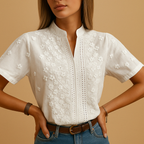 Women’s white blouse with classic collar, button closure, and light tailored fit, perfect for work, casual days, and evenings out.