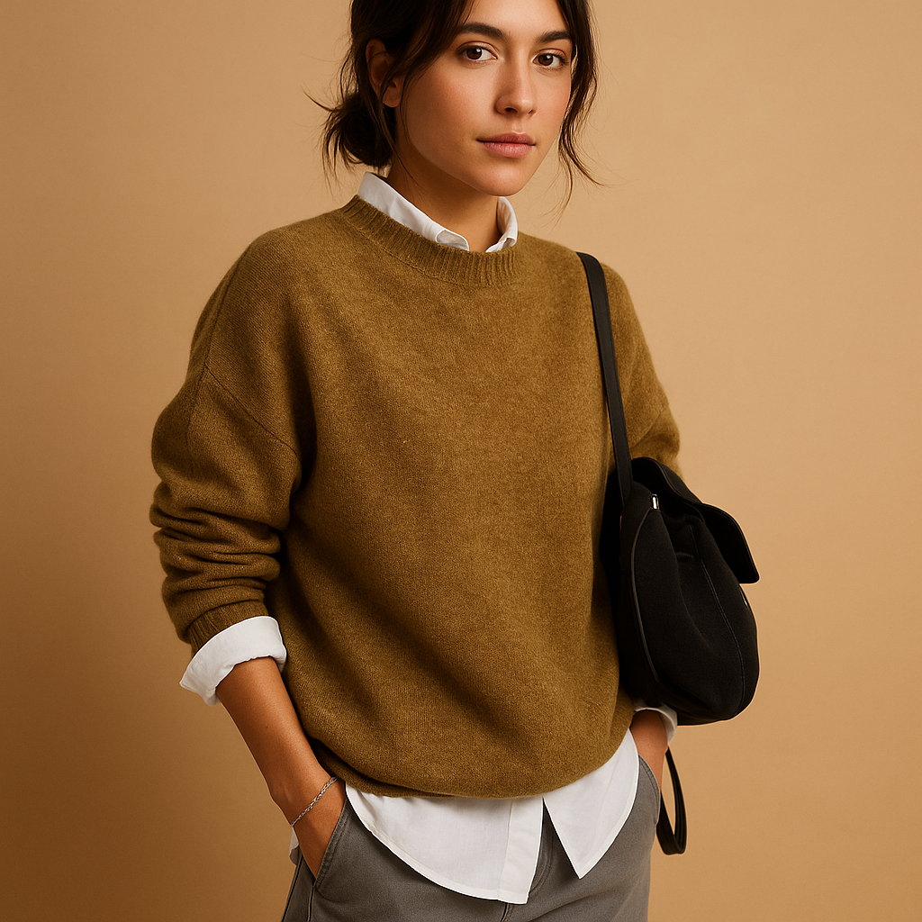 Women’s wool knit sweater with elegant fit and minimalist design, perfect for casual wear or semi-formal occasions.